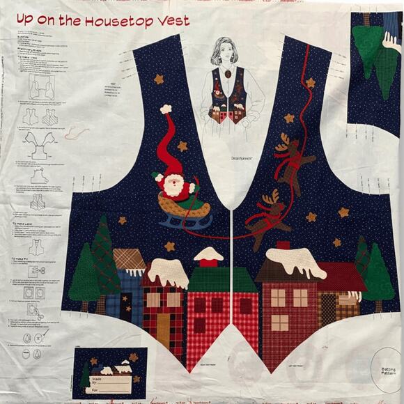 Vintage 90s Dream Spinners Up On The Housetop Santa Vest Fabric Panel Blue Red - Picture 7 of 7